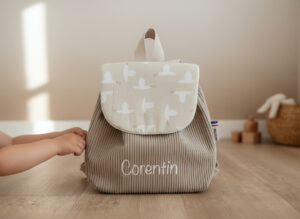 Sac à Dos personnalisé prénom Velours côtelé beige et tissu imprimé Oie
