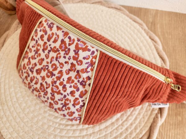 Sac Banane personnalisable Velours côtelé terracotta et imprimé léopard