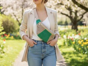 Sac Banane personnalisable Velours côtelé vert et beige et imprimé fleuri